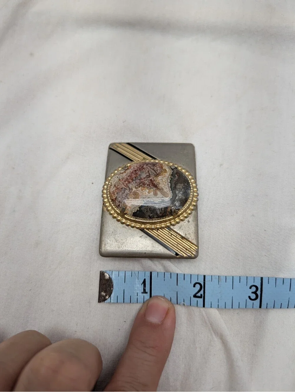 Unisex Belt Buckle, metal with a Brown & Cream-Colored Stone, 2 1/2